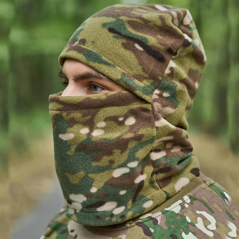 Side view of a military balaclava in Multicam camouflage, perfect for airsoft and outdoor activities.