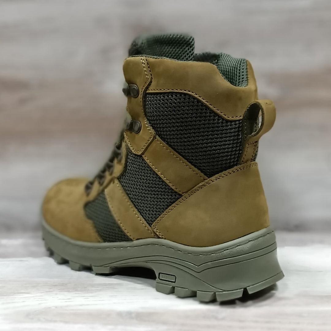Rear view of tactical olive boots showing padded ankle collar, breathable mesh fabric, and pull tab for easy wear.