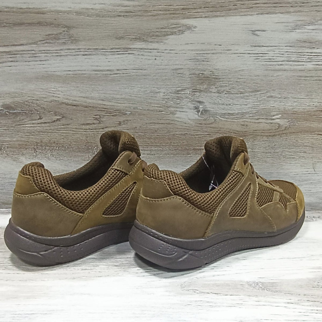 Side rear view of sand brown tactical sneakers with mesh inserts and rubber sole