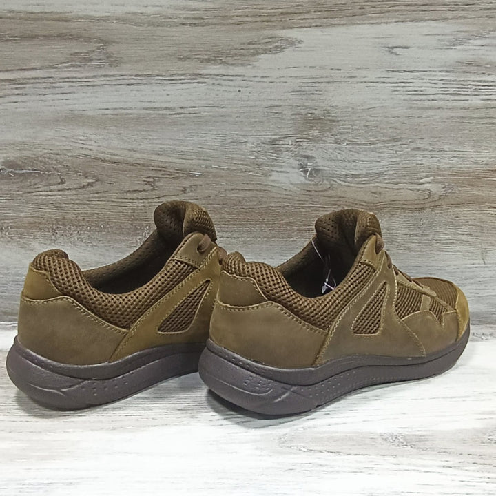 Side rear view of sand brown tactical sneakers with mesh inserts and rubber sole