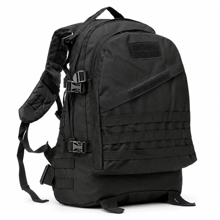 Black tactical backpack with MOLLE webbing and hook &amp; loop panels, showing the padded shoulder strap, side compression straps, quick-release buckles, and large zippered main compartment.