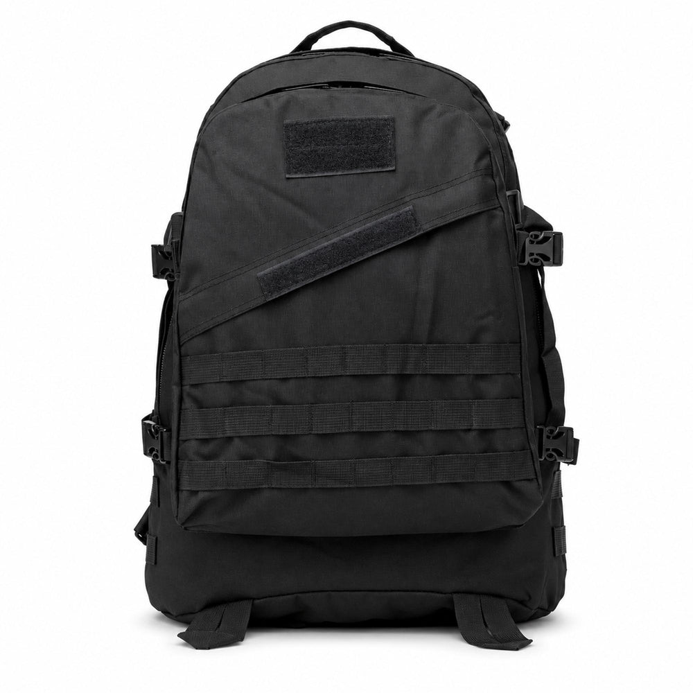 Black 30L military backpack with three rows of MOLLE webbing, two hook & loop patch panels, top carry handle, and four side compression buckles.