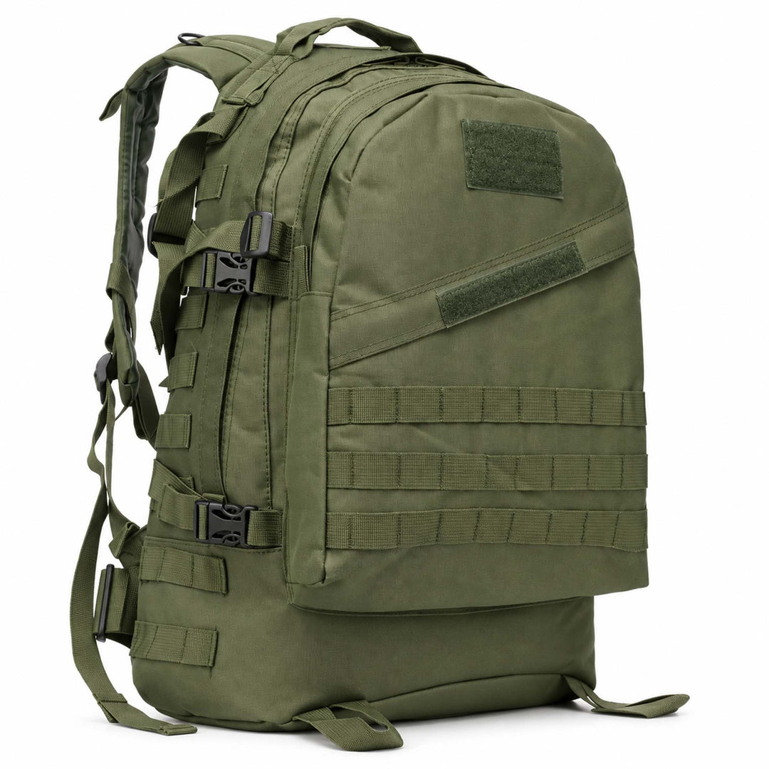 Green 30L tactical backpack with MOLLE webbing, hook &amp; loop panels, adjustable compression straps, side buckles, and padded shoulder straps.