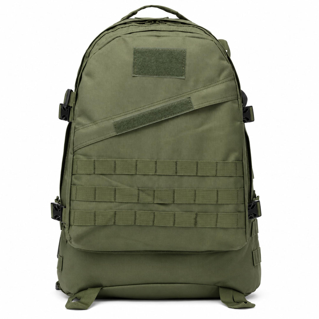 Green military backpack with three rows of MOLLE webbing, two hook &amp; loop patch panels, top carry handle, and side compression buckles.