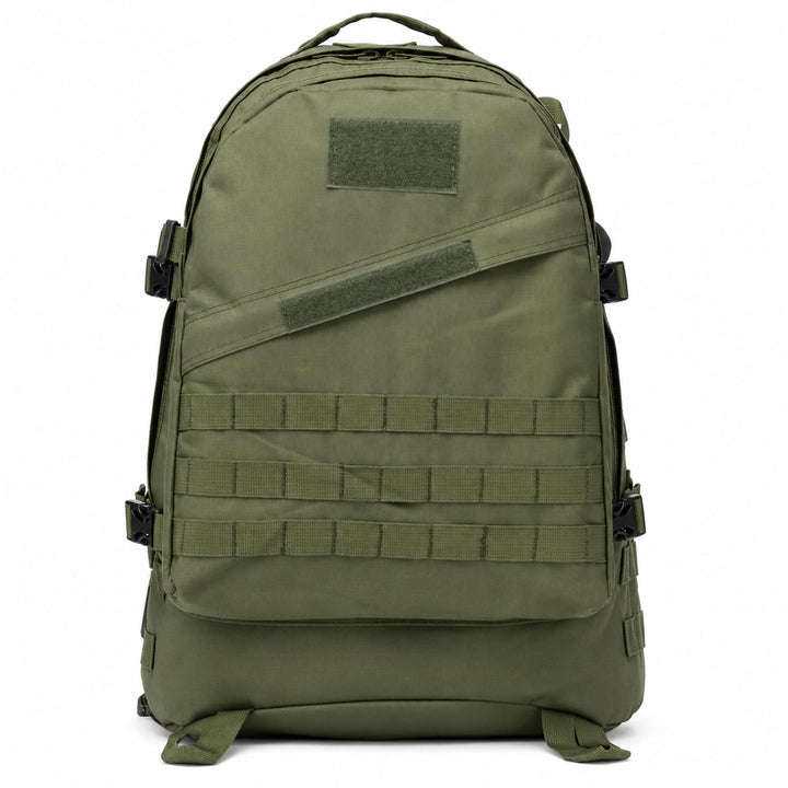 Green military backpack with three rows of MOLLE webbing, two hook &amp; loop patch panels, top carry handle, and side compression buckles.