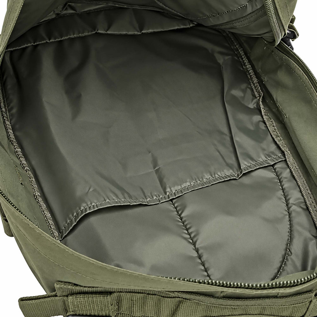 Green 30L tactical backpack showing the large lined main compartment with internal divider pocket, reinforced seams, and wide zippered opening.