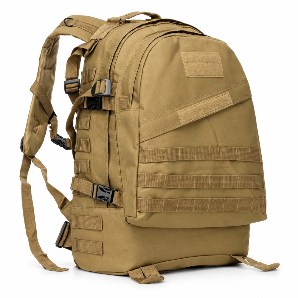 Green tan 30L tactical backpack with MOLLE webbing, hook & loop panels, adjustable compression straps, side buckles, and padded shoulder straps.