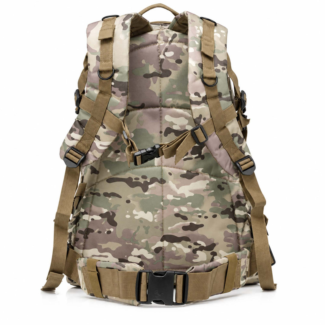 Multicam 30L tactical backpack showing padded back support, adjustable shoulder straps, sternum strap, waist belt, D-rings, and reinforced carrying system.
