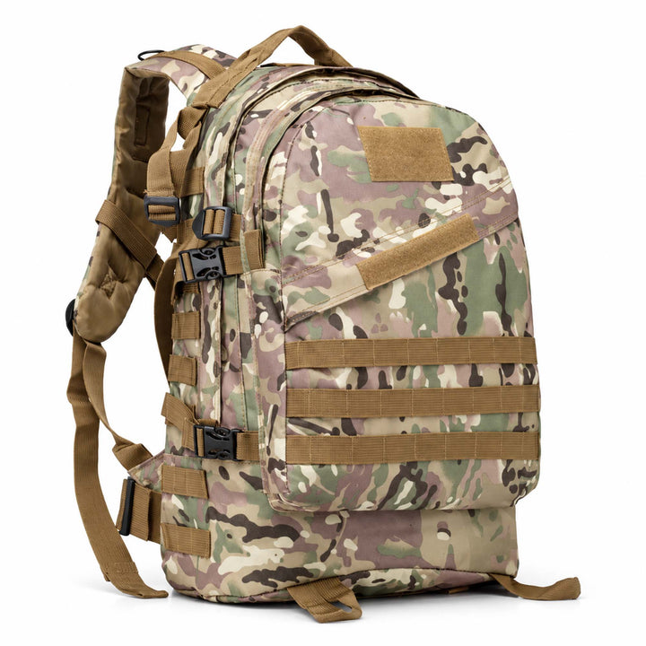 Multicam military backpack shown at an angle with MOLLE webbing, hook &amp; loop panels, side compression straps, padded shoulder strap, and large zippered main compartment.