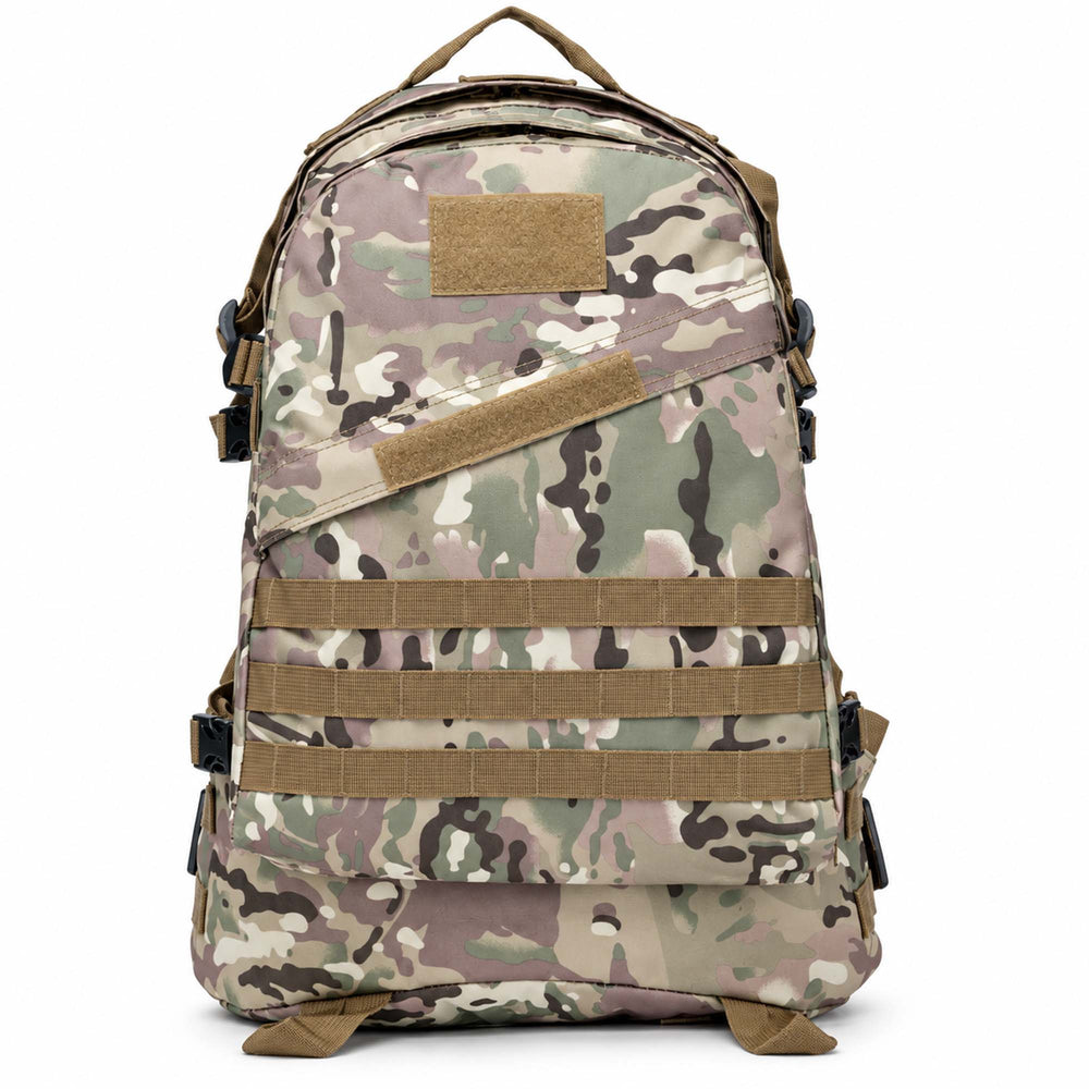 Multicam 30L tactical backpack with three rows of MOLLE webbing, two hook & loop patch panels, top carry handle, side compression buckles, and reinforced front panel.