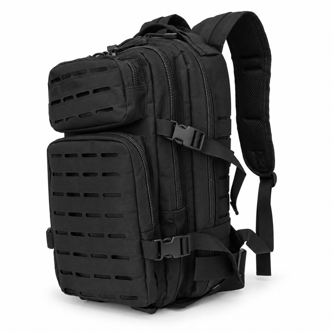 Black 40L tactical backpack with multiple zippered compartments, laser-cut MOLLE front panels, padded shoulder straps, and side compression buckles.