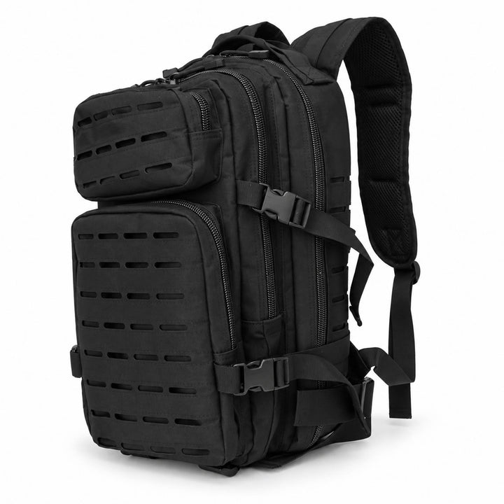 Black 40L tactical backpack with multiple zippered compartments, laser-cut MOLLE front panels, padded shoulder straps, and side compression buckles.
