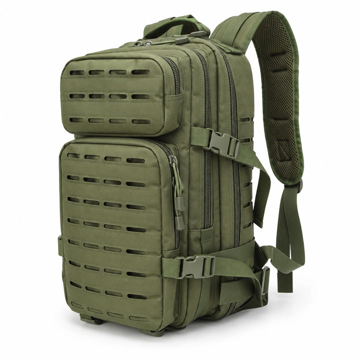 Green 40L military backpack with two front utility pockets, laser-cut MOLLE panels, multiple zippered compartments, and padded shoulder straps.