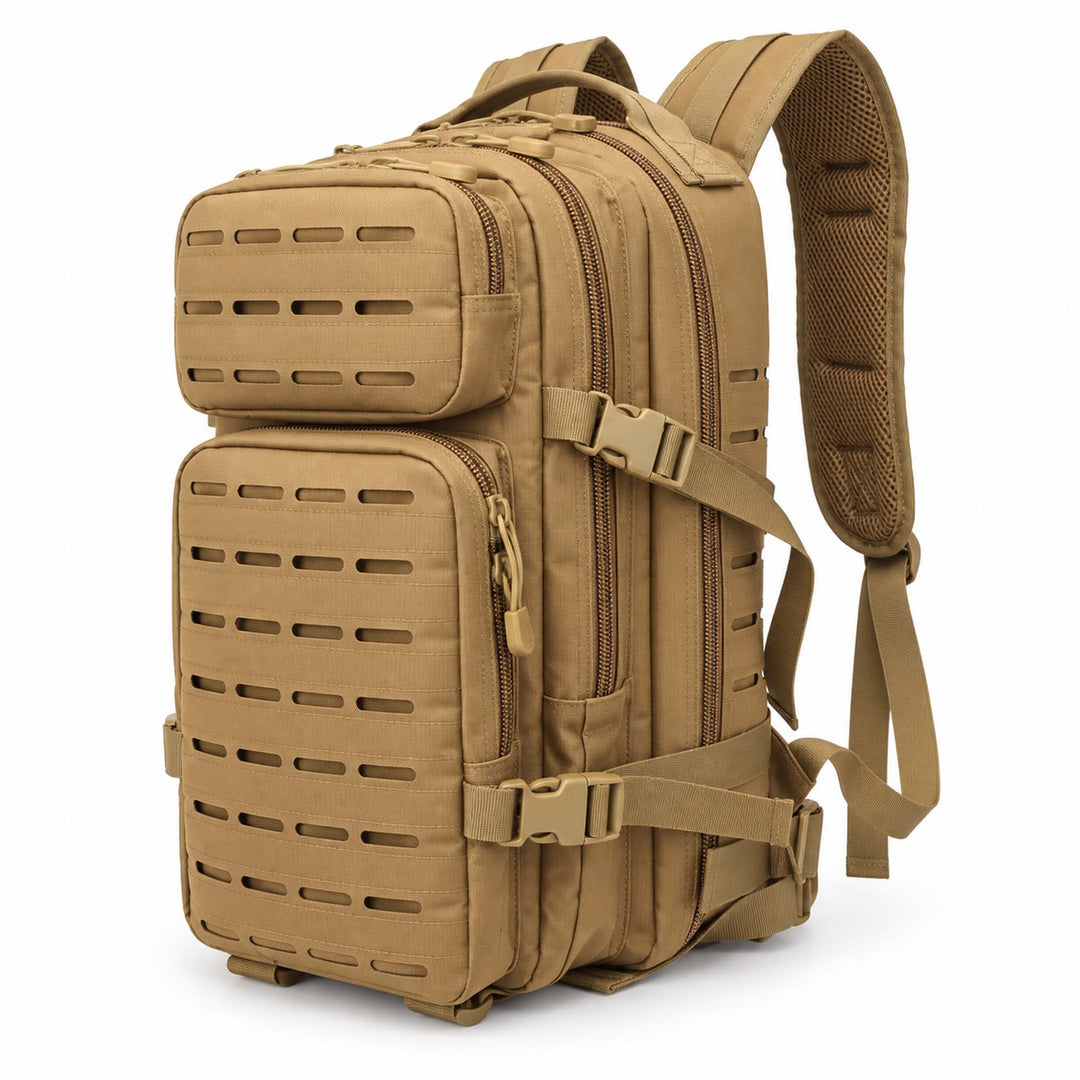 Green tan 40L tactical backpack with multiple zippered compartments, laser-cut MOLLE panels, padded shoulder straps, and adjustable side compression straps.