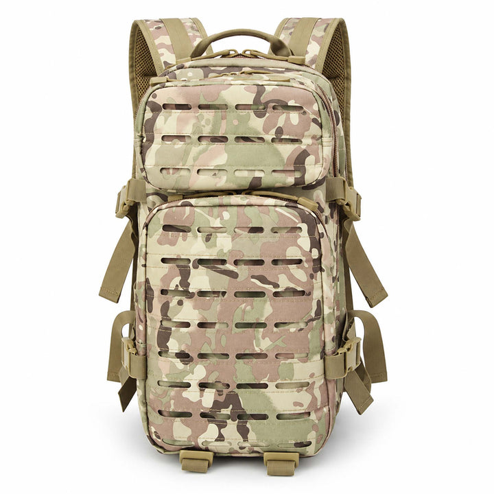 Multicam 40L military backpack with two zippered front pockets, laser-cut MOLLE panels, padded shoulder straps, and side compression buckles.