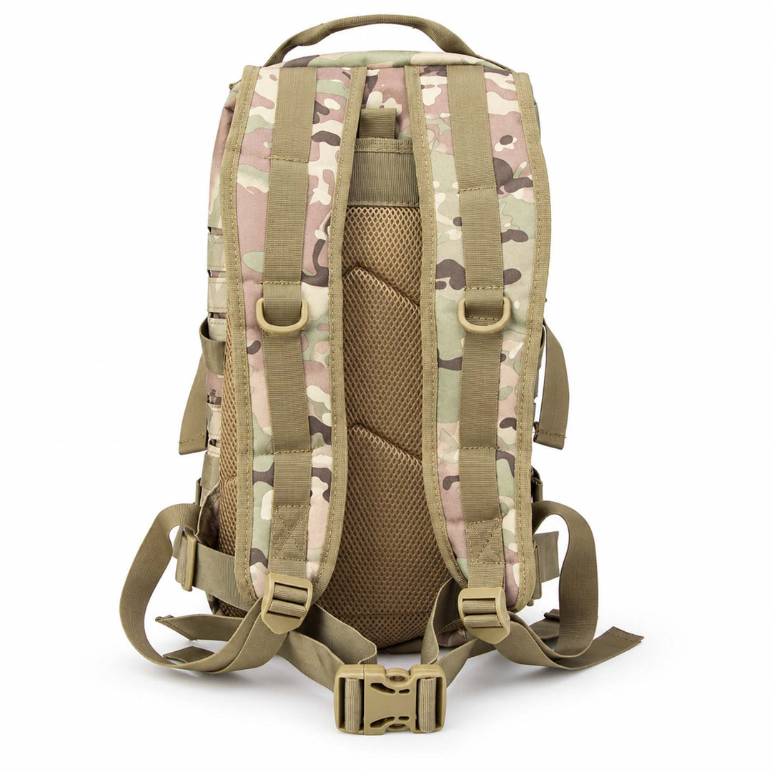 Multicam tactical backpack with multiple zippered compartments, laser-cut MOLLE panels, padded mesh shoulder straps, and adjustable compression straps.