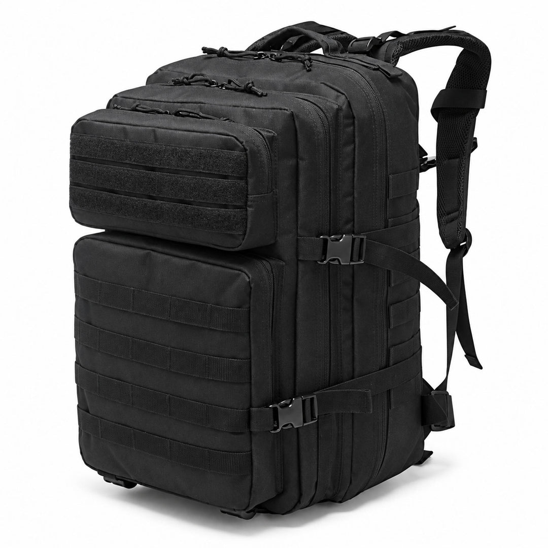 Black 50L tactical backpack with multiple compartments, MOLLE webbing, padded shoulder straps, compression straps, and heavy-duty carrying system.