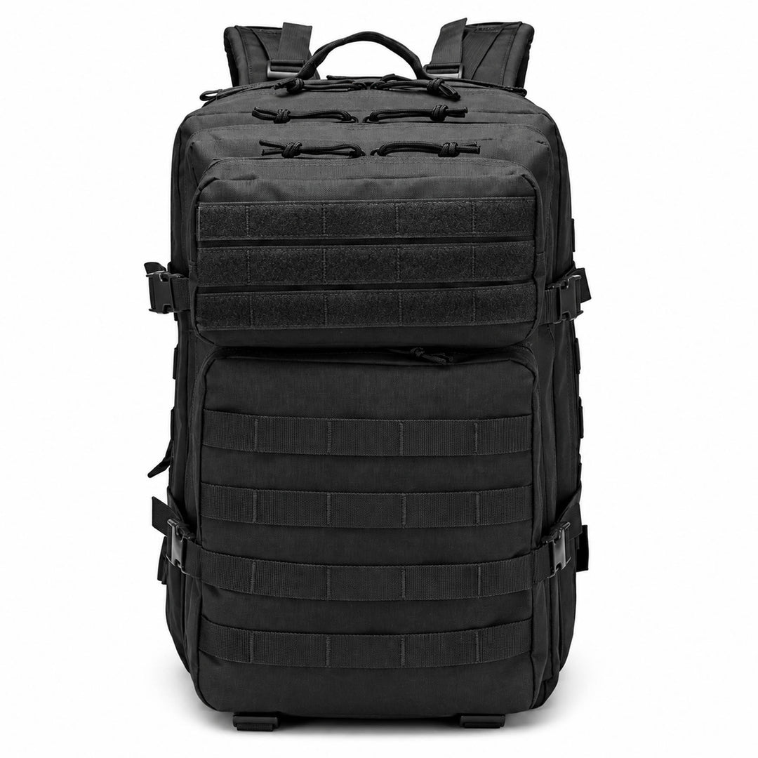 Black tactical backpack with two large front utility pockets, MOLLE webbing, hook &amp; loop panels, multiple zippered compartments, and side compression buckles.