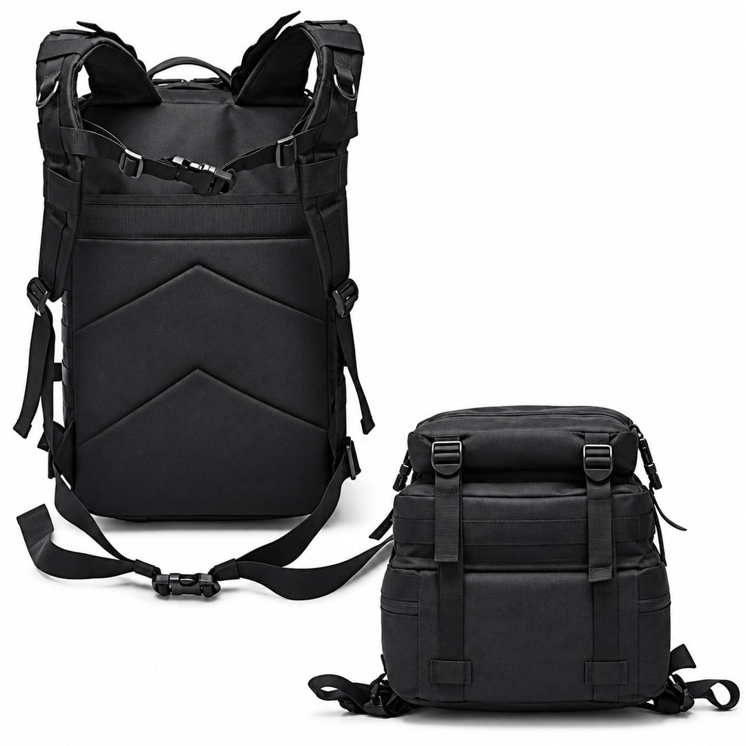 Black 50L tactical backpack showing the padded back panel, adjustable shoulder straps, sternum strap, waist belt, and rear carrying system.