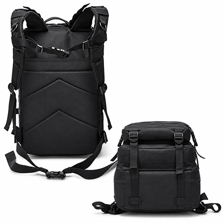 Black 50L tactical backpack showing the padded back panel, adjustable shoulder straps, sternum strap, waist belt, and rear carrying system.