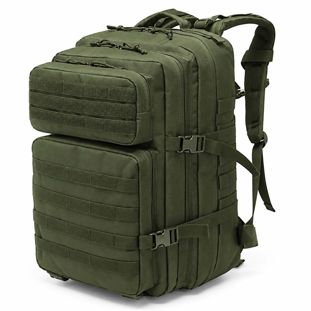 Green 50L military backpack with multiple compartments, MOLLE webbing, side compression straps, padded shoulder straps, and front hook &amp; loop panels.