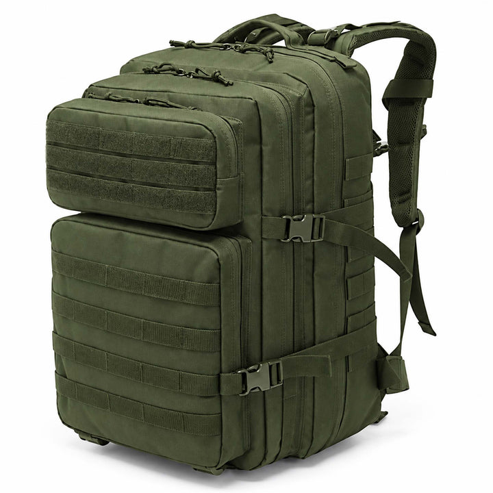 Green 50L military backpack with multiple compartments, MOLLE webbing, side compression straps, padded shoulder straps, and front hook &amp; loop panels.