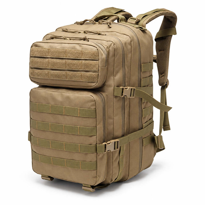 Green tan 50L tactical backpack with multiple zippered compartments, MOLLE webbing, compression straps, padded shoulder straps, and front utility pockets.