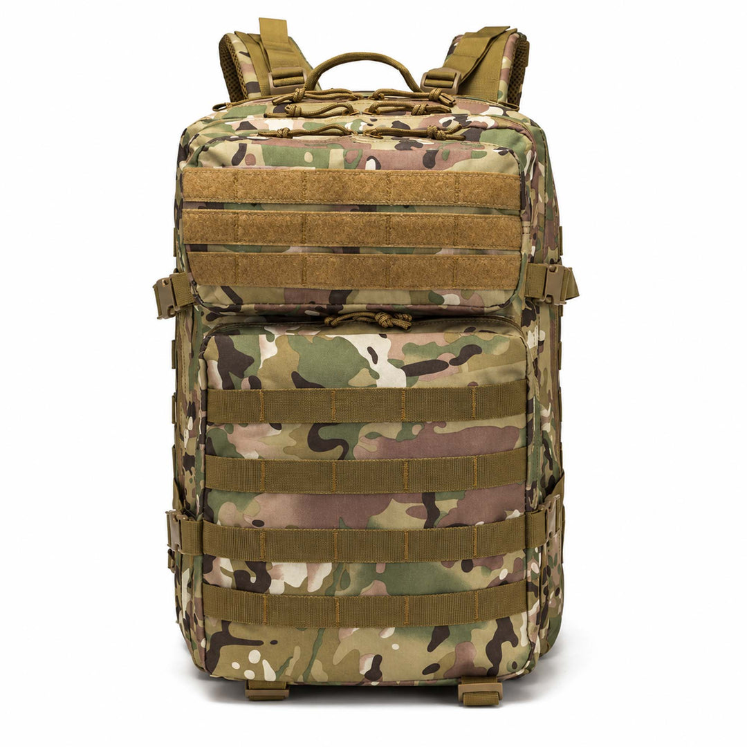 Multicam 50L tactical backpack with MOLLE webbing, multiple zippered compartments, compression straps, padded shoulder straps, and reinforced carry handle.