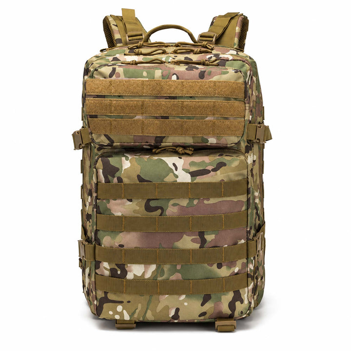 Multicam 50L tactical backpack with MOLLE webbing, multiple zippered compartments, compression straps, padded shoulder straps, and reinforced carry handle.