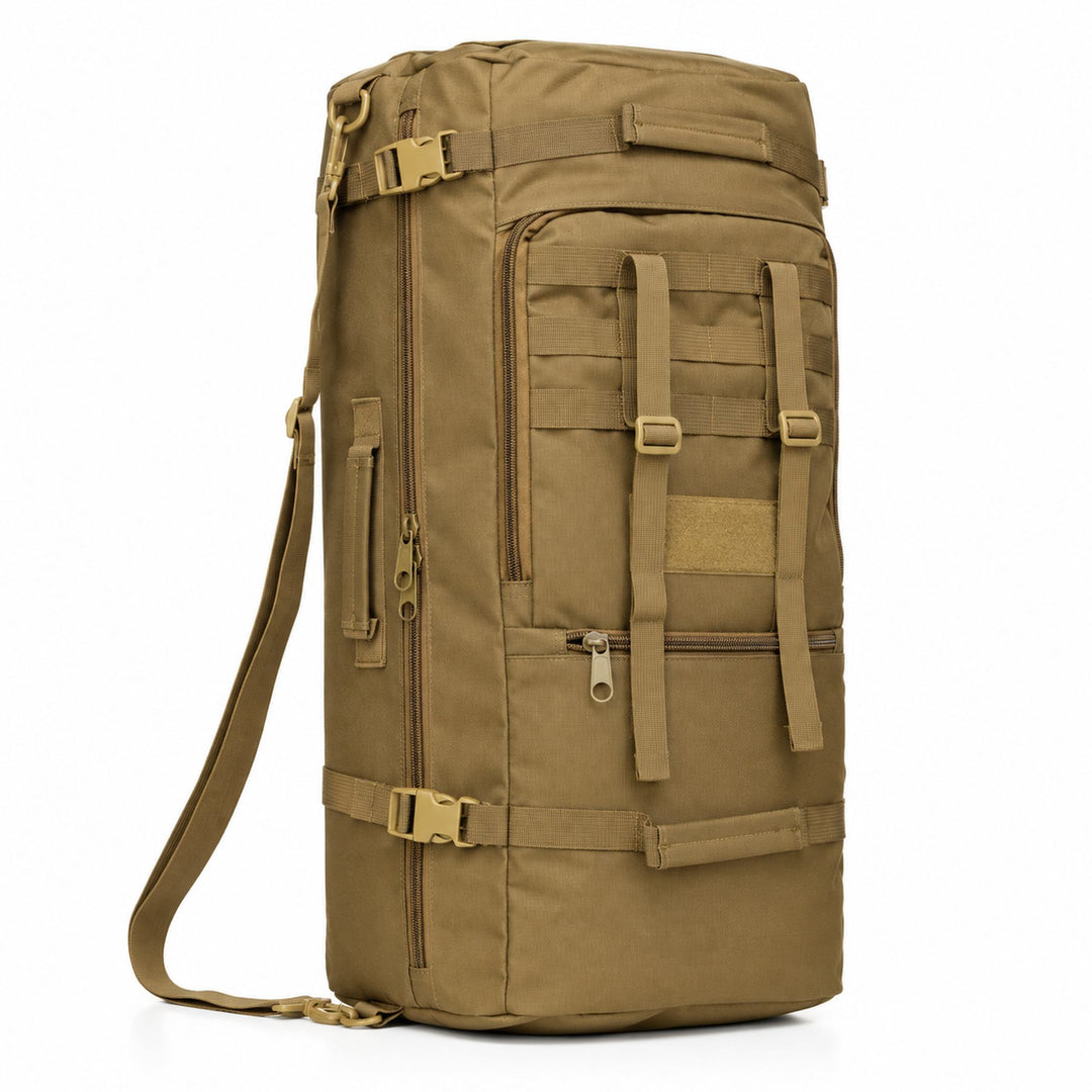 Coyote 80L military duffel bag with MOLLE webbing, two adjustable gear straps, hook and loop patch panel, carry handles, and shoulder strap.