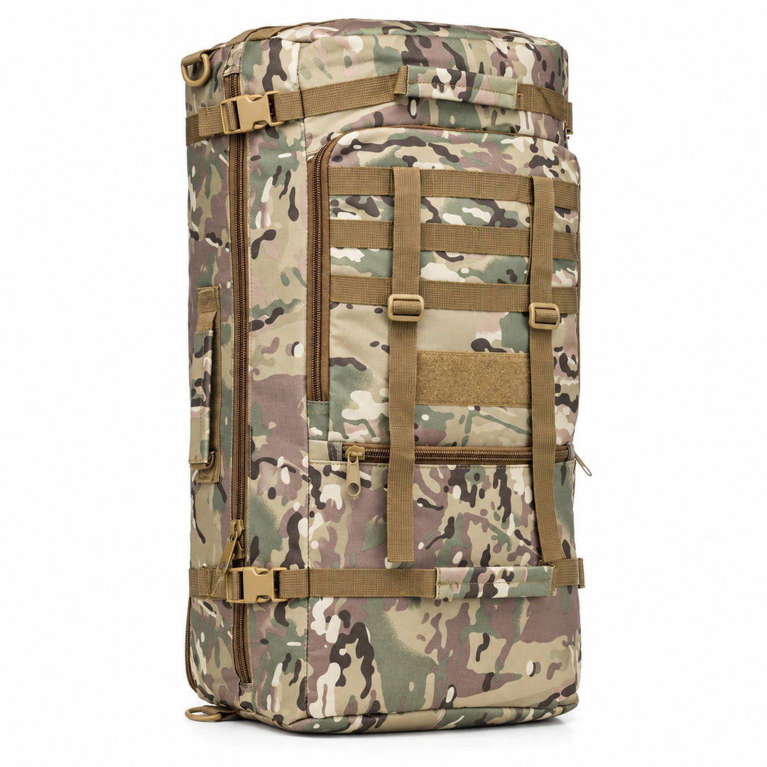Multicam 80L tactical duffel bag with MOLLE webbing, adjustable front gear straps, patch panel, compression buckles, and reinforced carry handles.