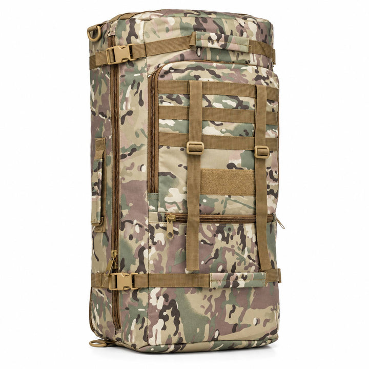 Multicam 80L tactical duffel bag with MOLLE webbing, adjustable front gear straps, patch panel, compression buckles, and reinforced carry handles.
