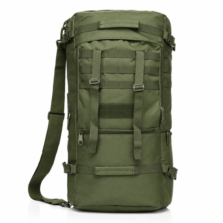 Green 80L tactical shoulder bag with MOLLE webbing, two front gear straps, hook and loop panel, reinforced grab handles, and adjustable shoulder strap.