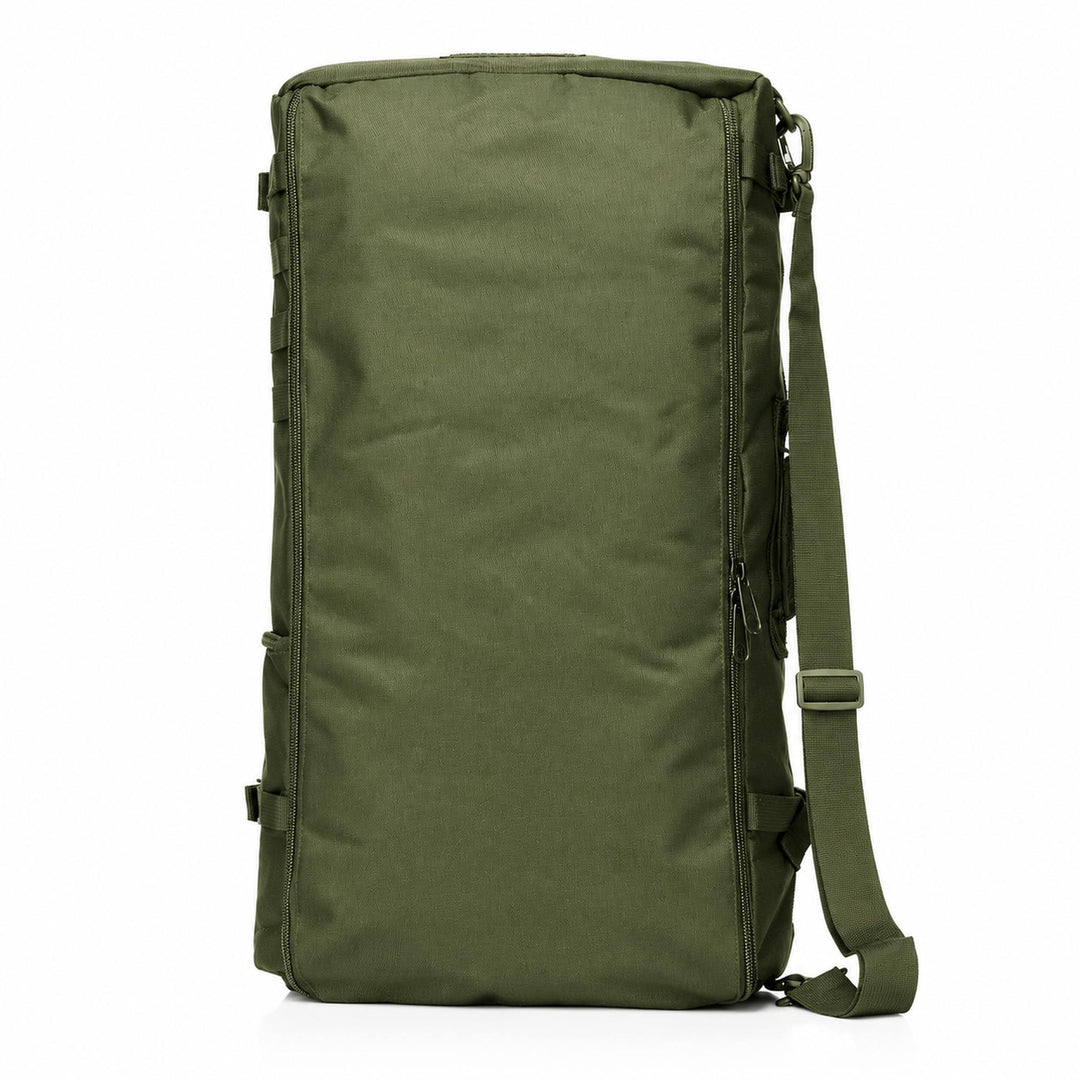 Green 80L tactical shoulder bag with large zippered main compartment, adjustable shoulder strap, and reinforced rectangular construction.