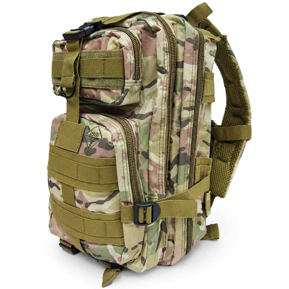 Multicam camo backpack with MOLLE webbing, two external zippered pockets, compression straps, and multiple main compartments.