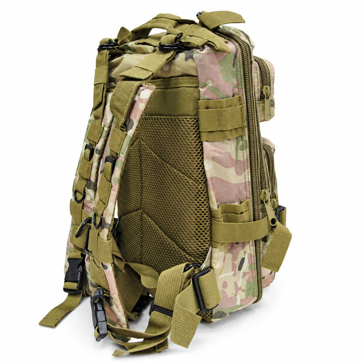 Multicam tactical rucksack showing padded mesh back support, adjustable shoulder straps, side compression straps, and multiple zippered compartments.