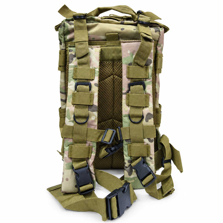 Multicam military backpack with padded shoulder straps, adjustable waist belt, breathable mesh back panel, and multiple attachment points.