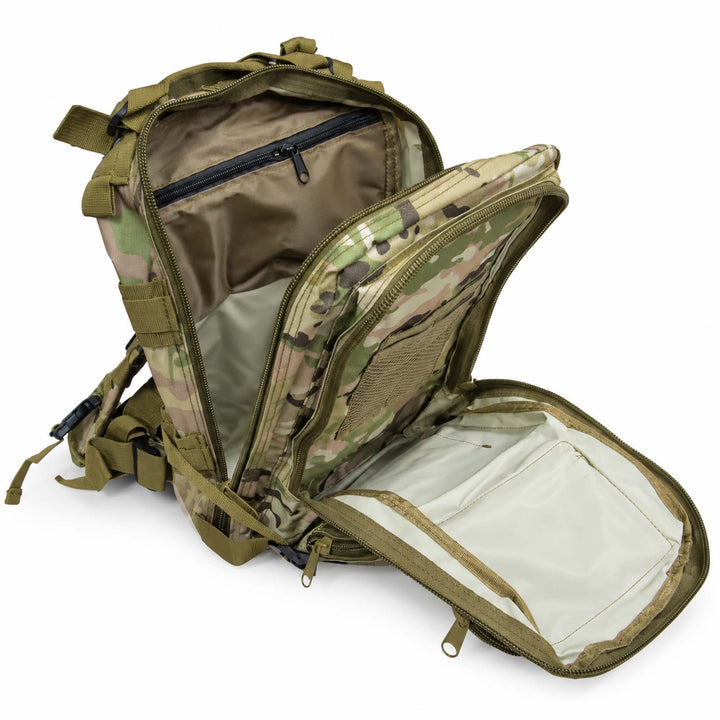 Multicam 25L tactical backpack opened to show the main compartment, internal zippered pocket, mesh organizer, and lined storage sections.