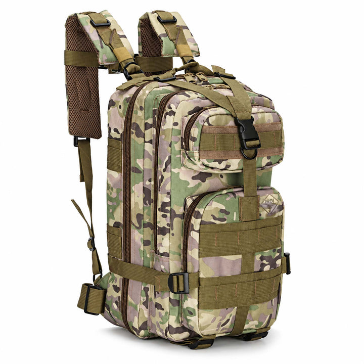Multicam 25L tactical backpack with MOLLE webbing, multiple zippered compartments, compression straps, padded shoulder straps, and front utility pockets.