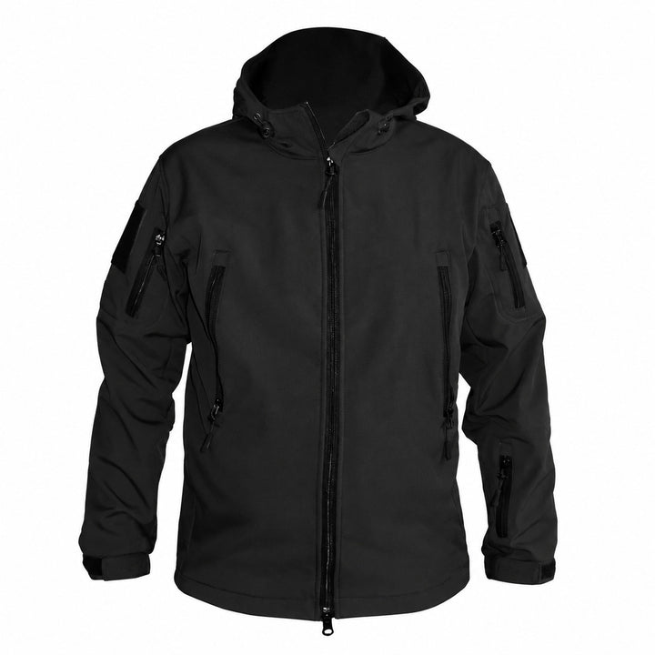 Black tactical softshell jacket shown from the front with adjustable hood, full zipper, two vertical front pockets, zippered arm pockets, hook &amp; loop panels, and adjustable cuffs.