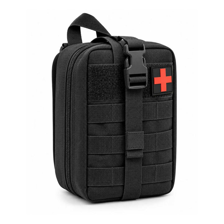 Black medical pouch shown at an angle with carry handle, MOLLE webbing, hook &amp; loop panel with red cross patch, full zipper closure, and quick-release buckle strap.