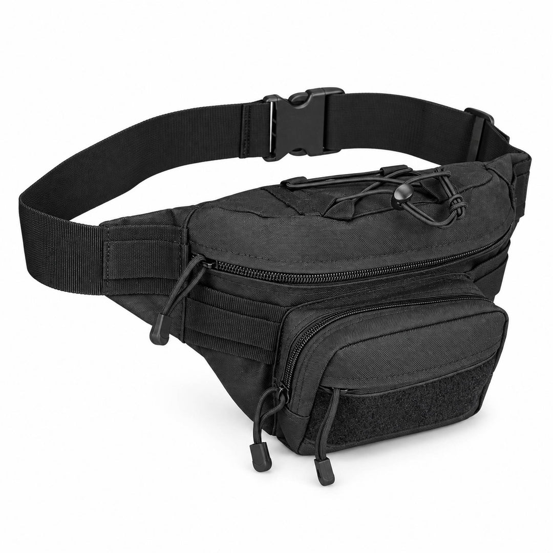Black Ukrainian army tactical waist pack shown at an angle with adjustable quick-release belt, main zippered compartment, front utility pouch, MOLLE webbing, hook & loop patch panel, and elastic gear cord on top.