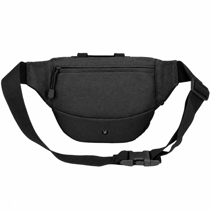 Rear side of the black EDC waist pack with a large zippered pocket, adjustable webbing belt, strap slider, and quick-release buckle.