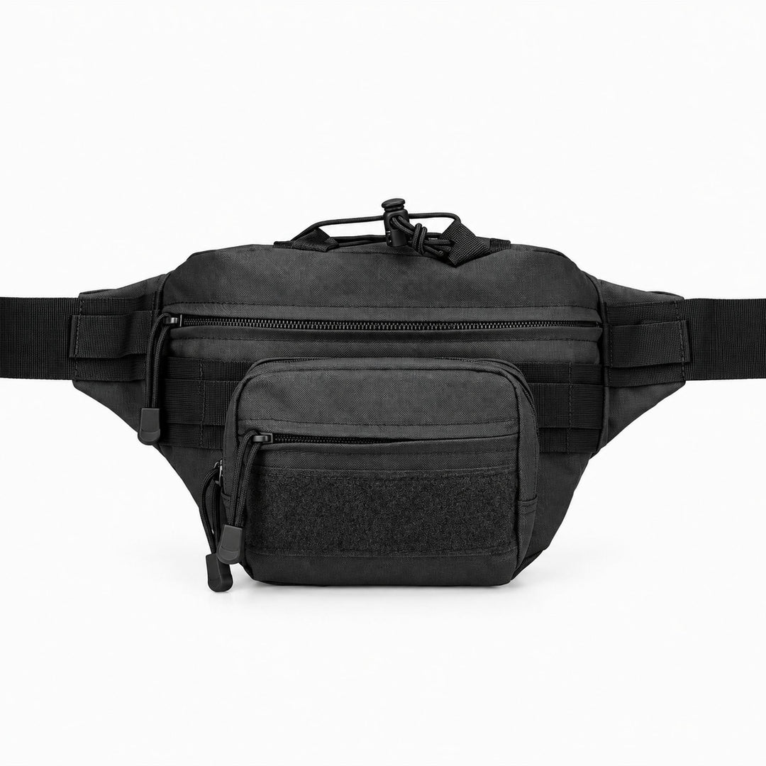 Black Ukrainian army waist pack with a large main compartment, front utility pouch, MOLLE webbing, hook &amp; loop patch panel, and elastic top cord.