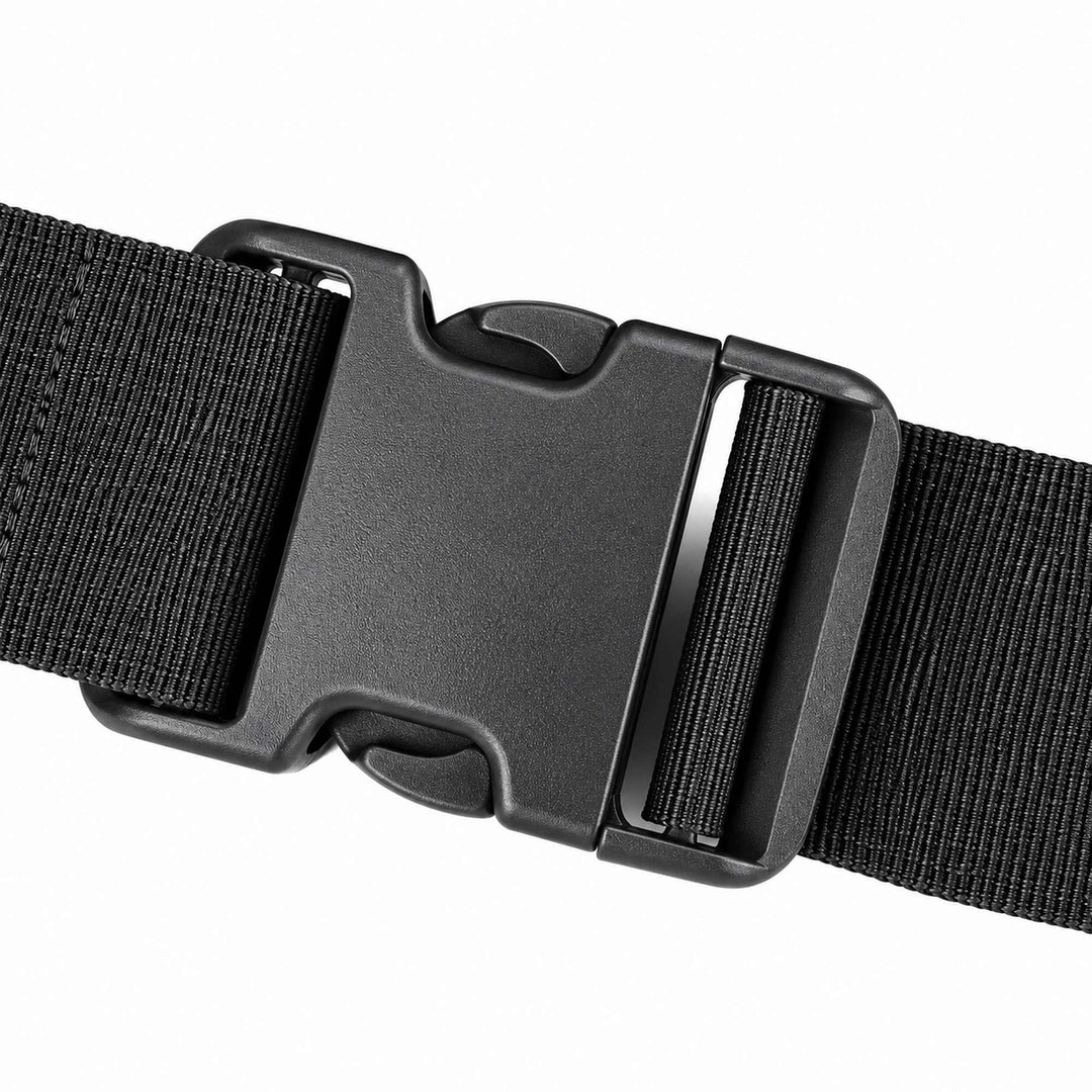 Black quick-release buckle attached to the wide adjustable webbing belt of the tactical waist pack.