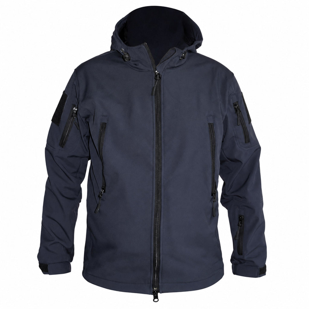 Dark blue tactical softshell jacket shown from the front with hood, full-length zipper, two vertical front pockets, zippered sleeve pockets, hook & loop panels, and adjustable cuffs.