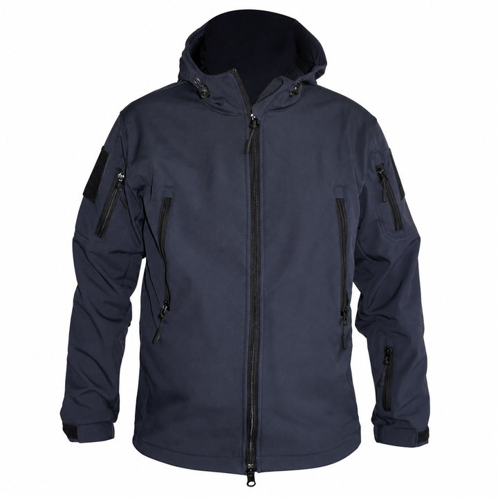 Dark blue tactical softshell jacket shown from the front with hood, full-length zipper, two vertical front pockets, zippered sleeve pockets, hook &amp; loop panels, and adjustable cuffs.