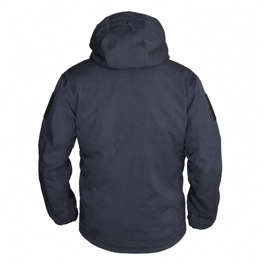 Dark blue tactical softshell jacket shown from the back with attached hood, plain rear panel, long sleeves, hook &amp; loop arm panels, and slightly curved lower hem.