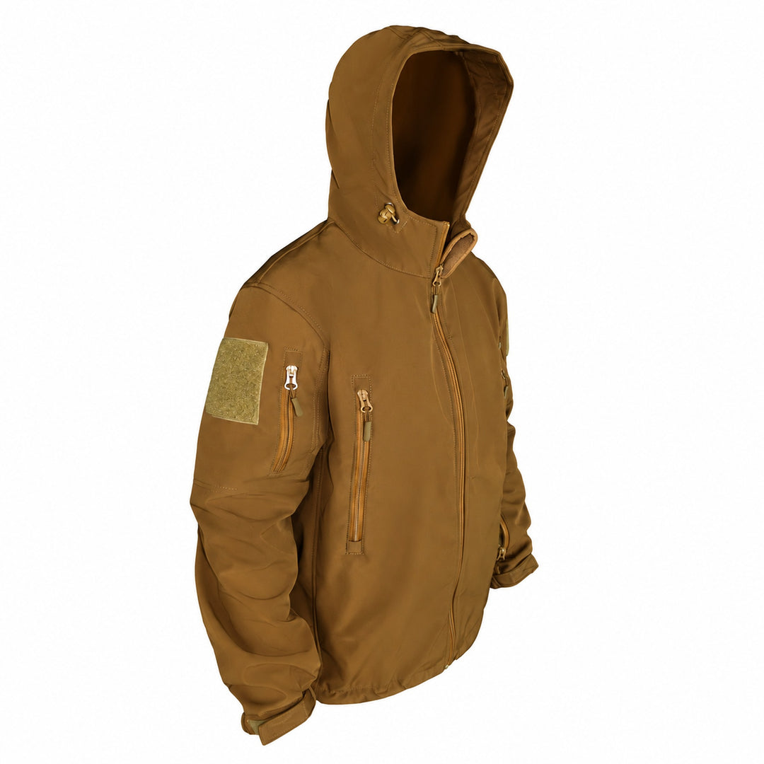 Coyote brown tactical softshell jacket shown at an angle with adjustable hood, high collar, zippered chest and sleeve pockets, hook &amp; loop arm panel, and adjustable cuffs.