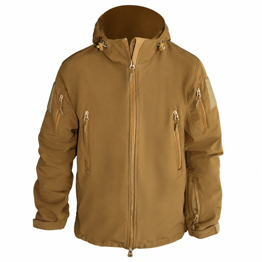 Coyote brown hooded softshell jacket shown from the front with high collar, full zipper, vertical chest pockets, zippered sleeve pockets, hook &amp; loop panels, and adjustable cuffs.